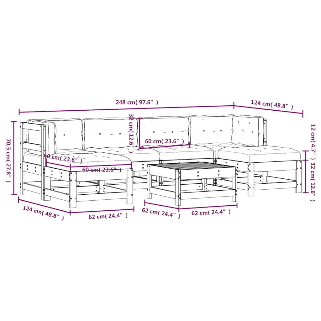 7 Piece Modular Garden Lounge Set Solid Pine Wood Cushions Black