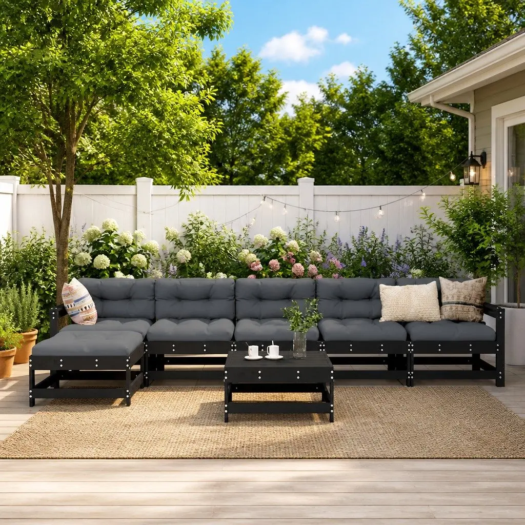 7PieceLoungeSetPatioFurnitureBlackSolidPineWoodwithCushionsOutdoorGarden