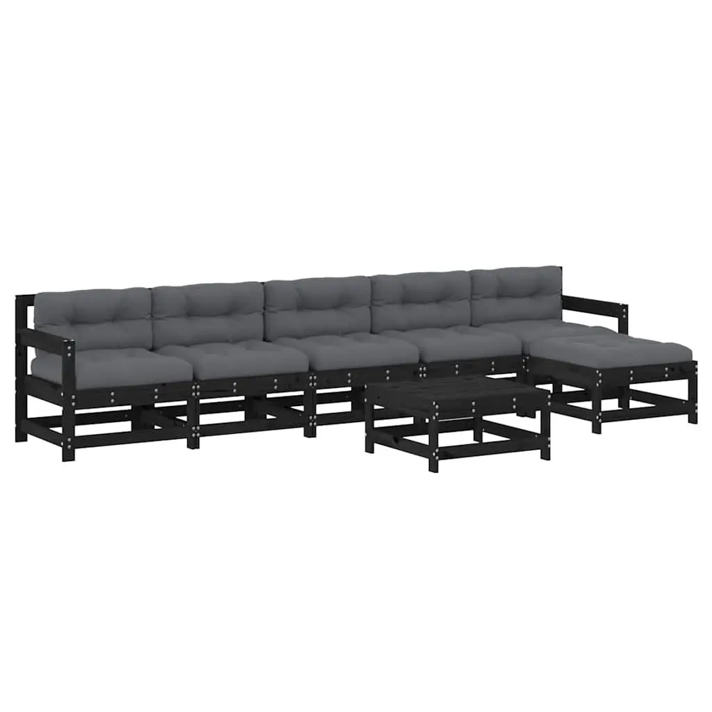 7PieceLoungeSetPatioFurnitureBlackSolidPineWoodwithCushionsOutdoorGarden