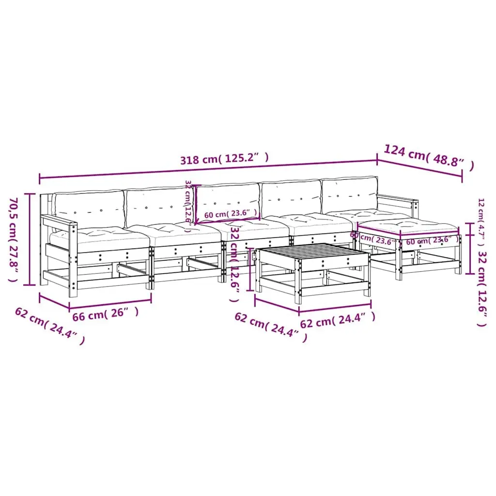 7PieceLoungeSetPatioFurnitureBlackSolidPineWoodwithCushionsOutdoorGarden