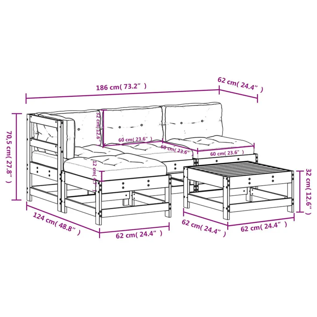 5 Piece Garden Lounge Set Solid Pine Wood Cushioned Brown Slatted Modular Outdoor Sofa