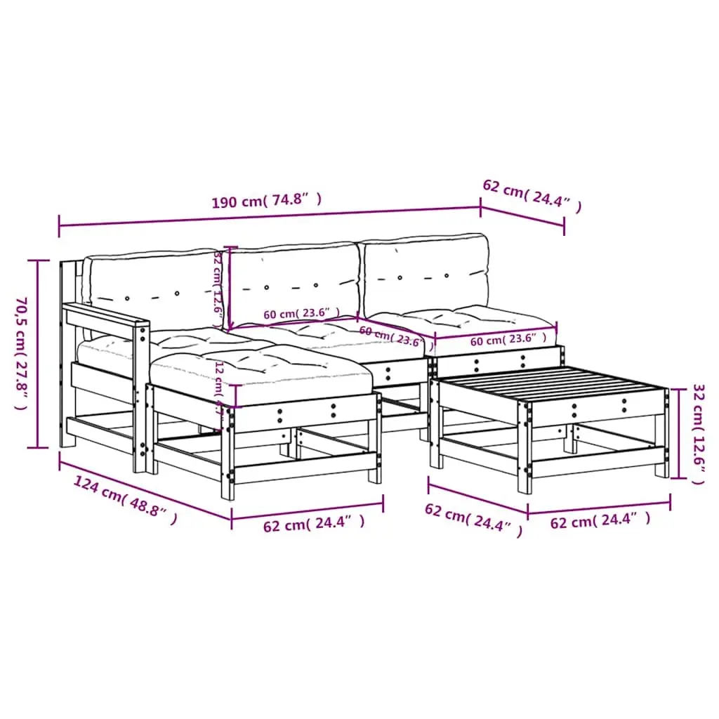 Garden Lounge Set Solid Pine Wood 5 Piece Modular Outdoor Furniture Black
