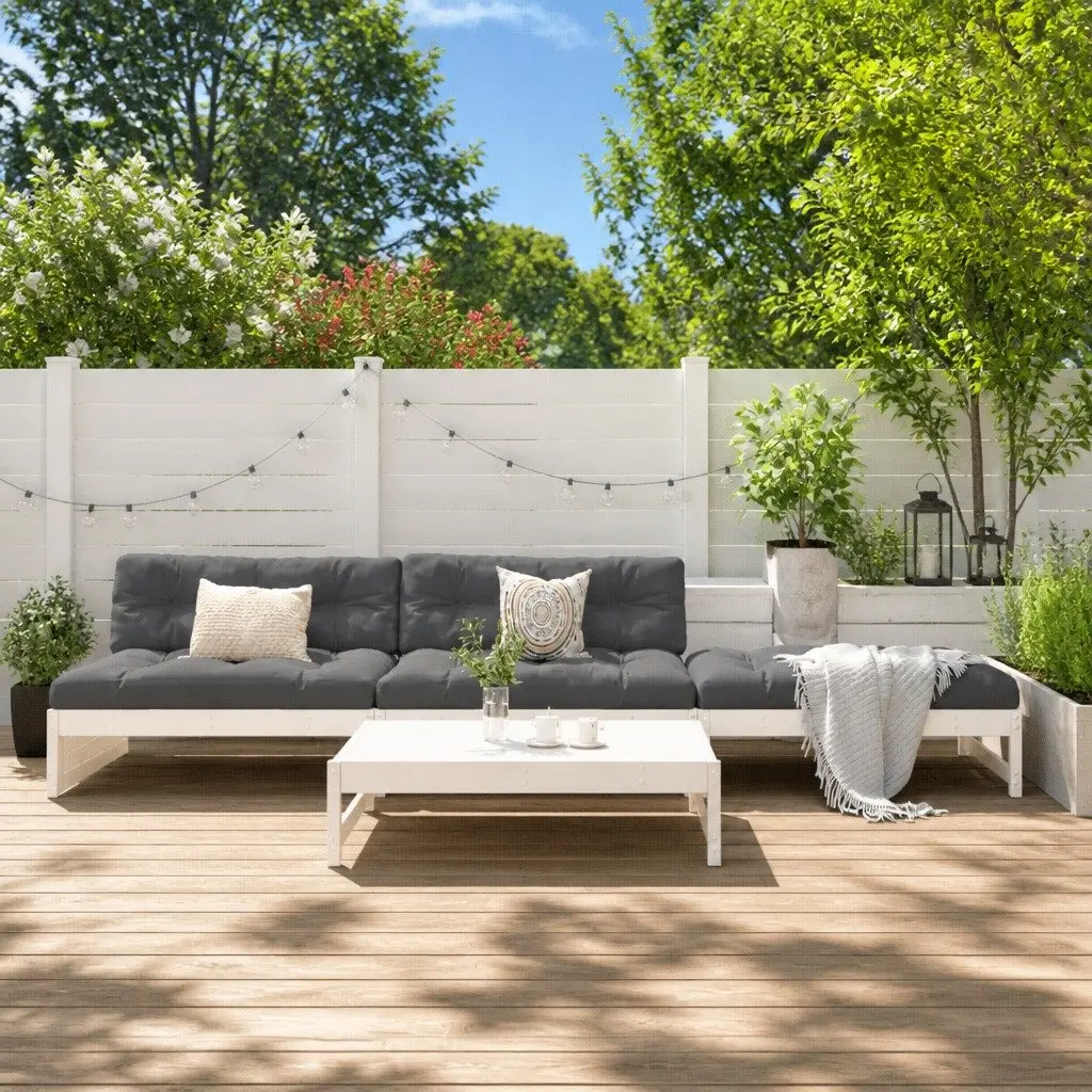 Garden Lounge Set 4 Piece Outdoor Furniture Solid Wood White Cushions Patio