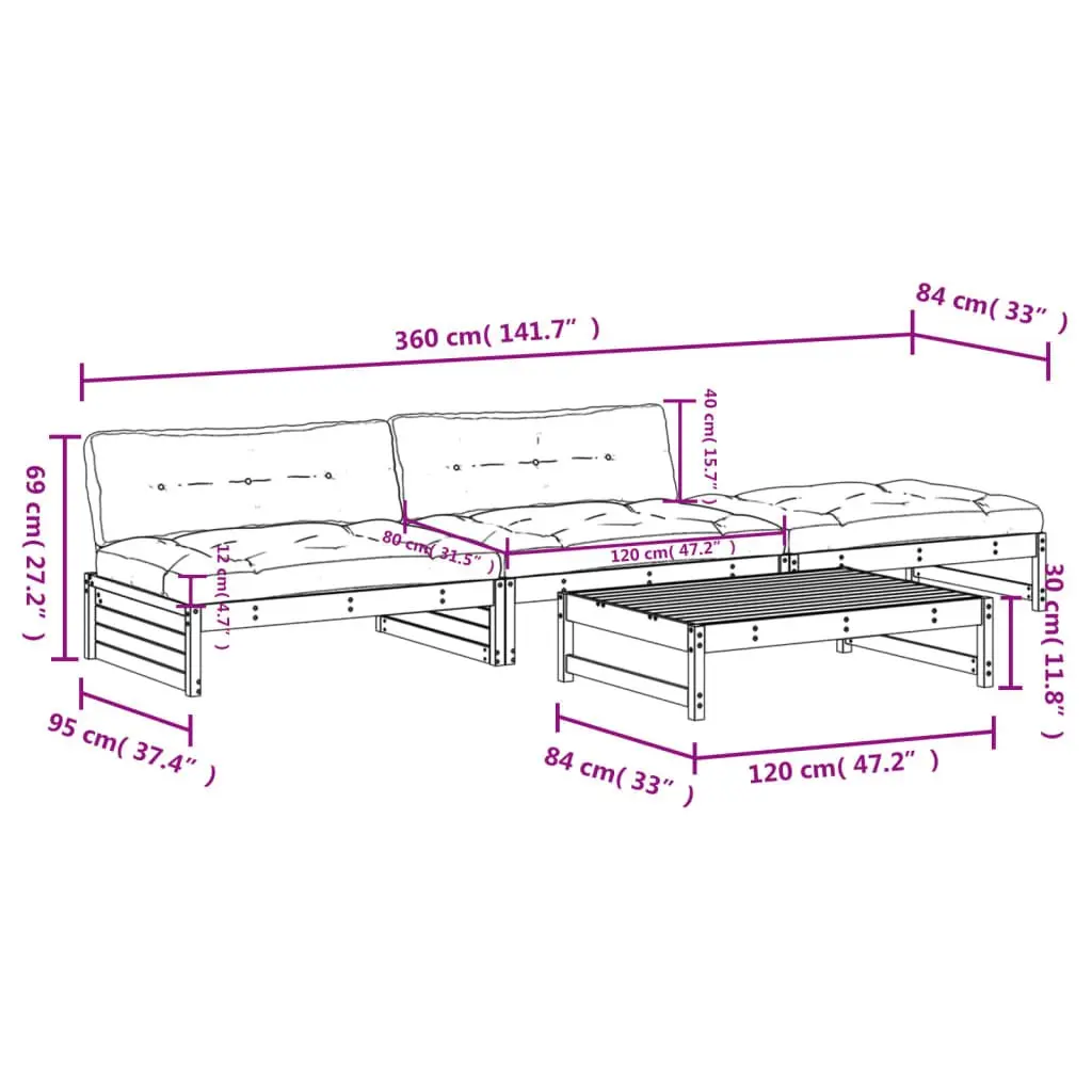 Wooden Garden Lounge Set Solid Douglas Wood 4 Piece Brown
