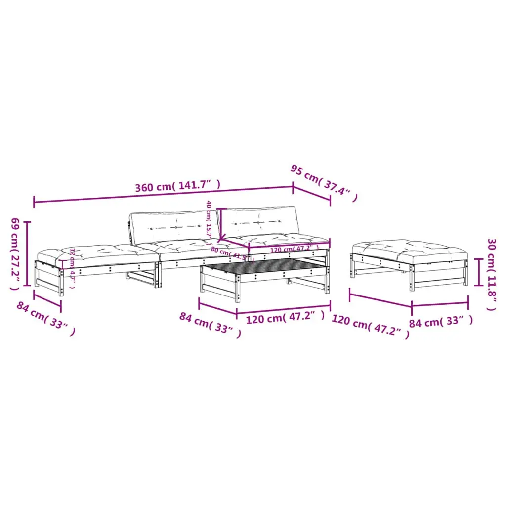 5 Piece Modular Garden Lounge Set Brown Solid Wood with Cushions Outdoor Furniture