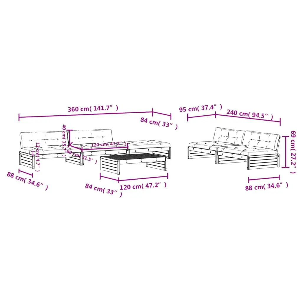 6 Piece Modular Outdoor Patio Furniture Set with Cushions White Solid Pine Wood