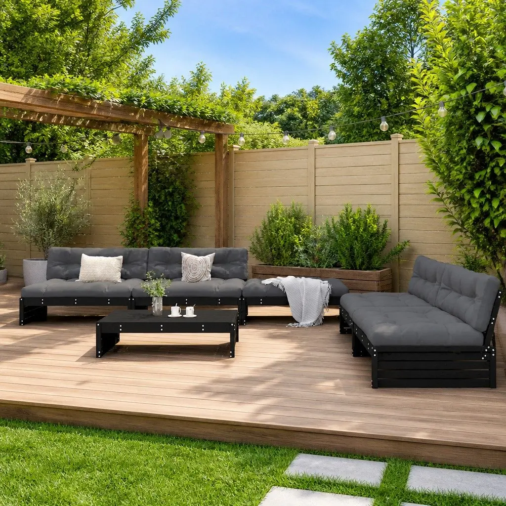 6 Piece Outdoor Lounge Set Black Wood Furniture with Cushions Solid Pine for Patio Garden