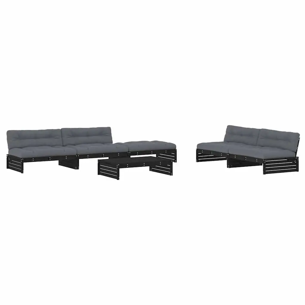 6 Piece Outdoor Lounge Set Black Wood Furniture with Cushions Solid Pine for Patio Garden