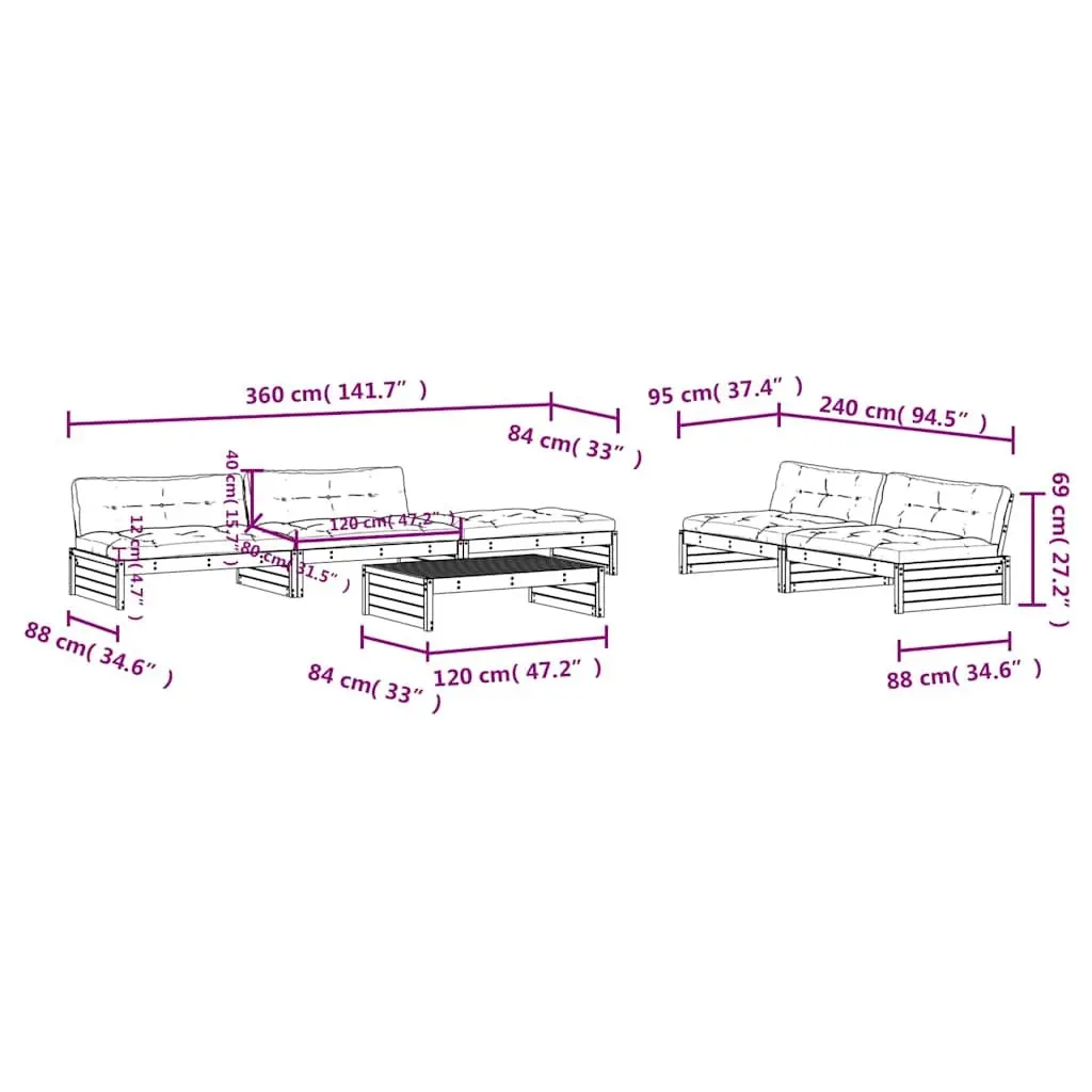 6 Piece Outdoor Lounge Set Black Wood Furniture with Cushions Solid Pine for Patio Garden