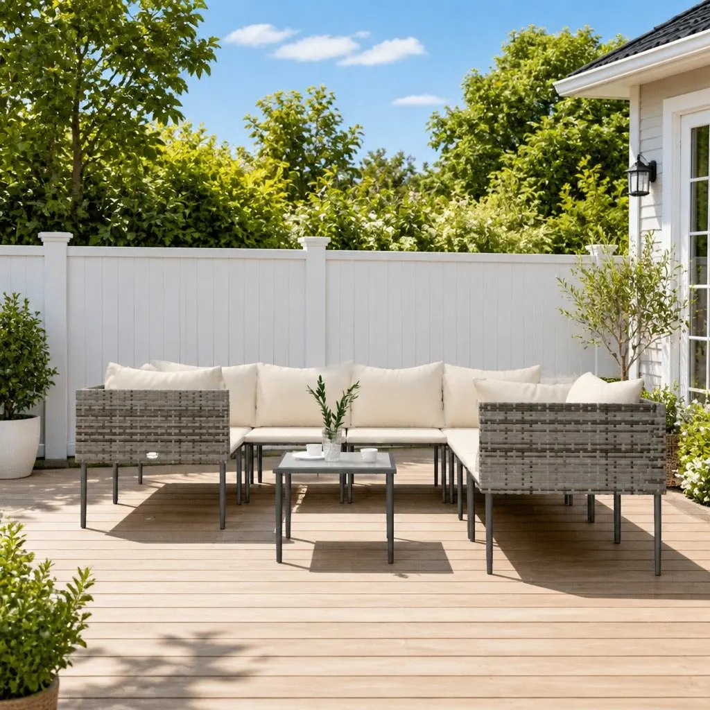 Garden Lounge Set 9 Piece Outdoor Furniture Grey Poly Rattan with Cushions