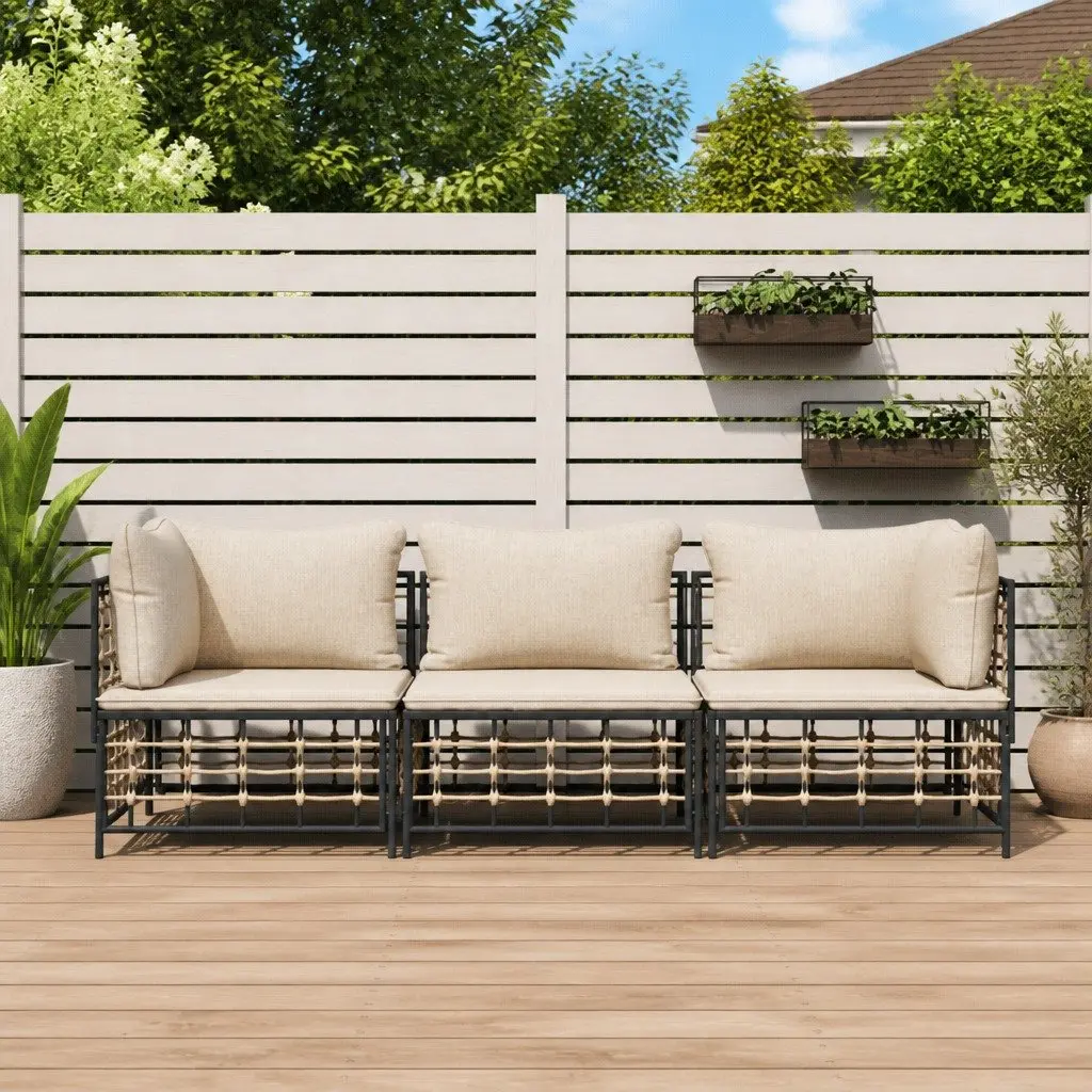 3 Piece Outdoor Sofa Set Poly Rattan Anthracite Cushioned Garden Lounge Furniture