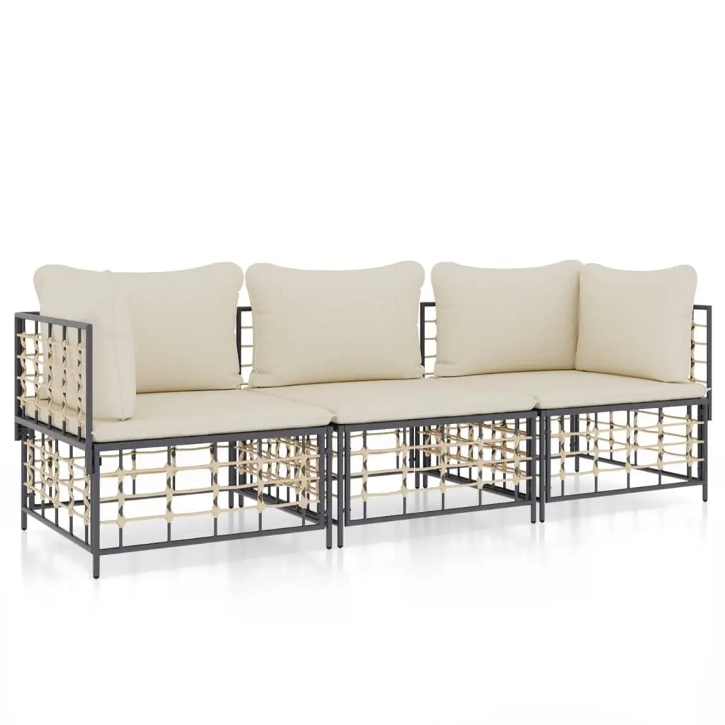 3 Piece Outdoor Sofa Set Poly Rattan Anthracite Cushioned Garden Lounge Furniture