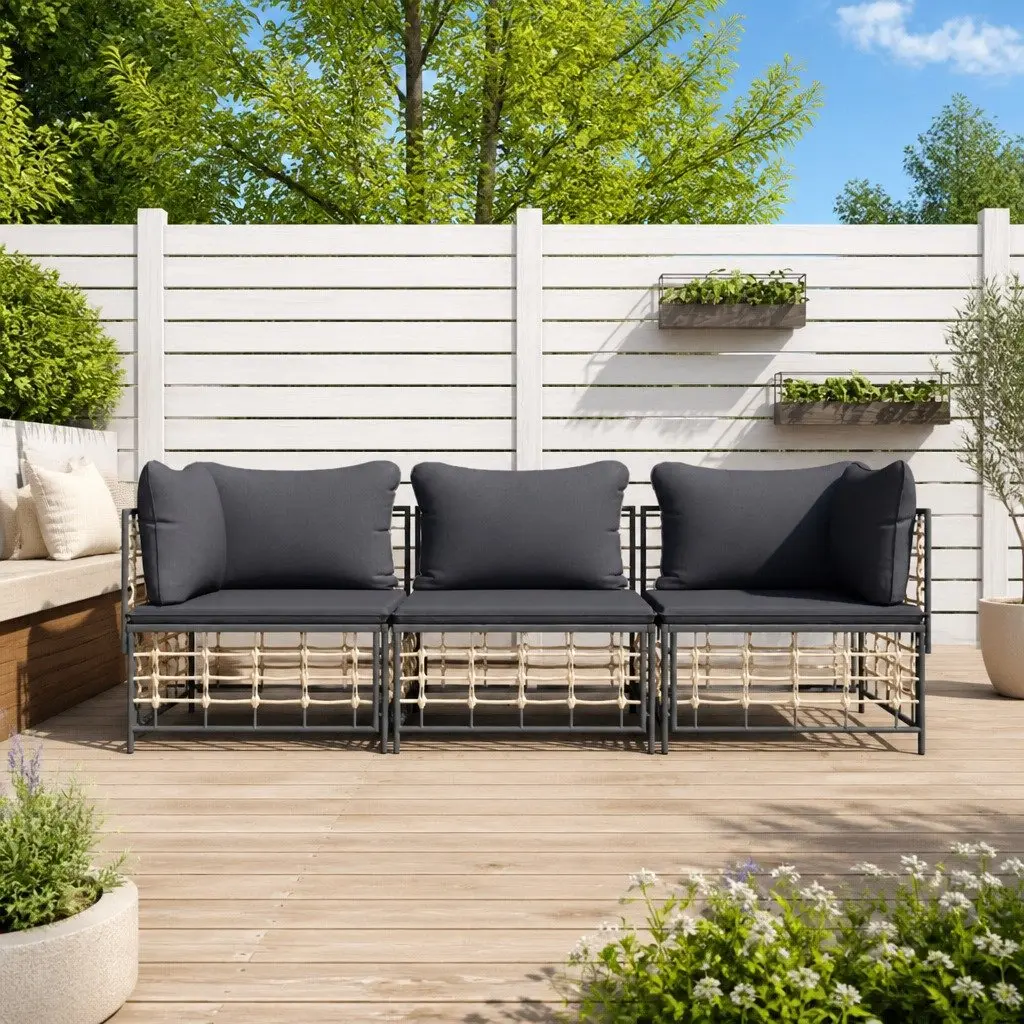 Garden Lounge Set Poly Rattan 3 Piece Outdoor Seating Anthracite with Cushions