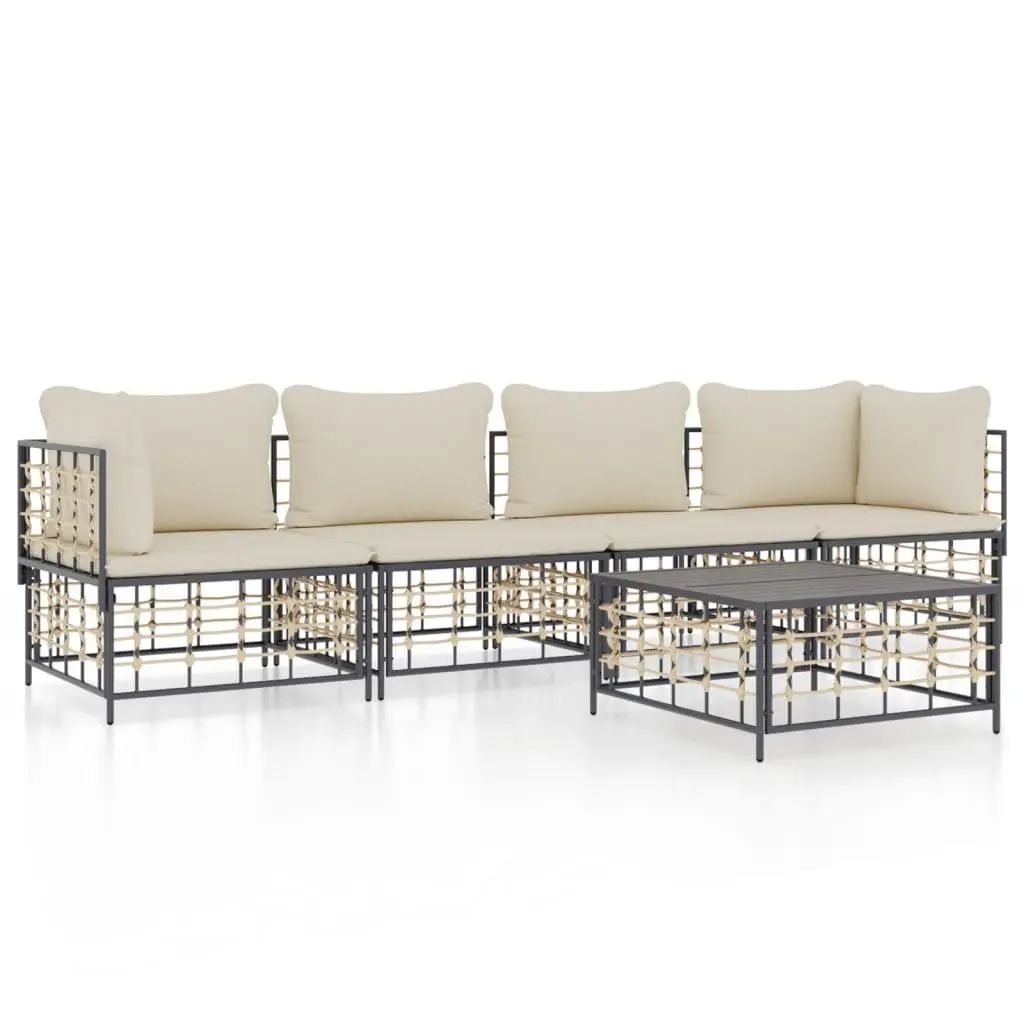 5 Piece Modular Outdoor Lounge Set Poly Rattan Sofa Anthracite with Cushions