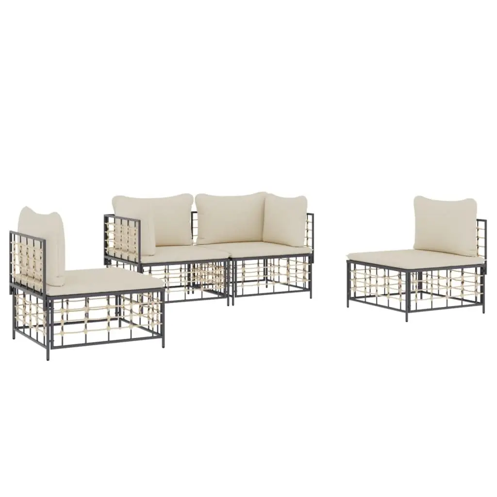 4 Piece Modular Outdoor Lounge Set with Cushions Poly Rattan Anthracite Steel Frame