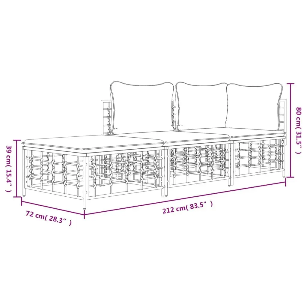 Outdoor Garden Lounge Set 3 Piece Poly Rattan Patio Sofa Seating with Cushions