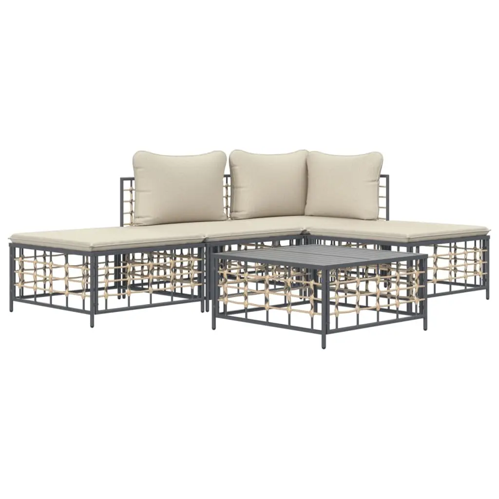 5 Piece Outdoor Sofa Set Poly Rattan Cushioned Anthracite Garden Furniture with Coffee Table
