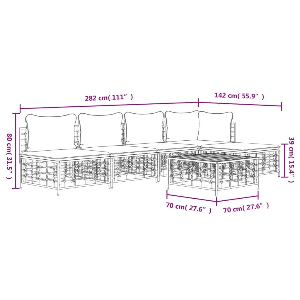 6 Piece Modular Outdoor Lounge Set Weather Resistant Steel Frame Anthracite Poly Rattan Cushions Garden Furniture