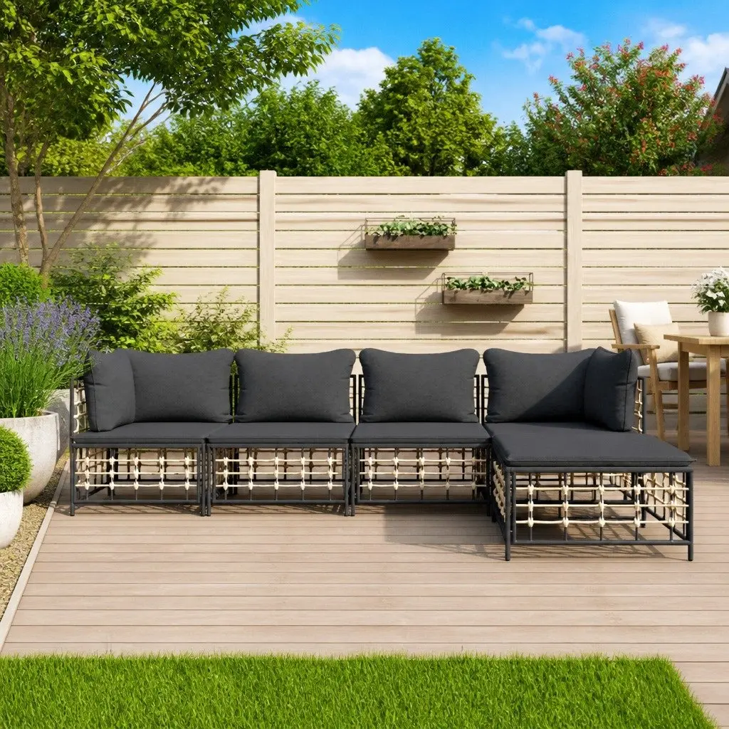 5 Piece Garden Lounge Set Anthracite Poly Rattan Outdoor Furniture Cushions
