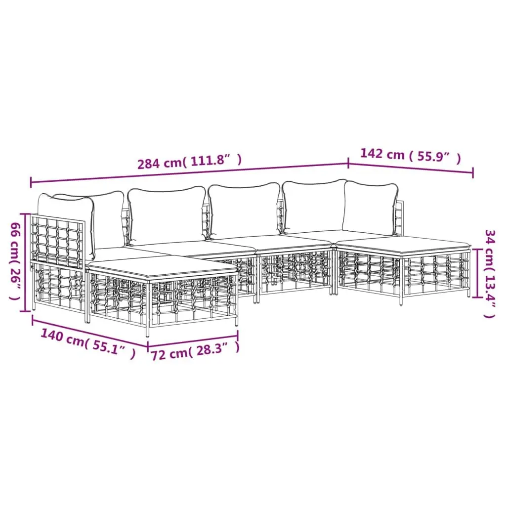 6 Piece Cushioned Poly Rattan Outdoor Lounge Set Anthracite Garden Seating