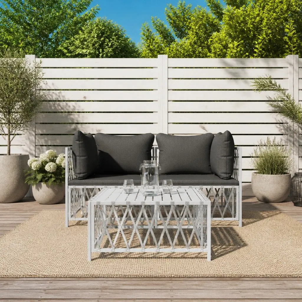 3 Piece Outdoor Furniture Set White Steel Frame Cushions Garden Lounge Patio