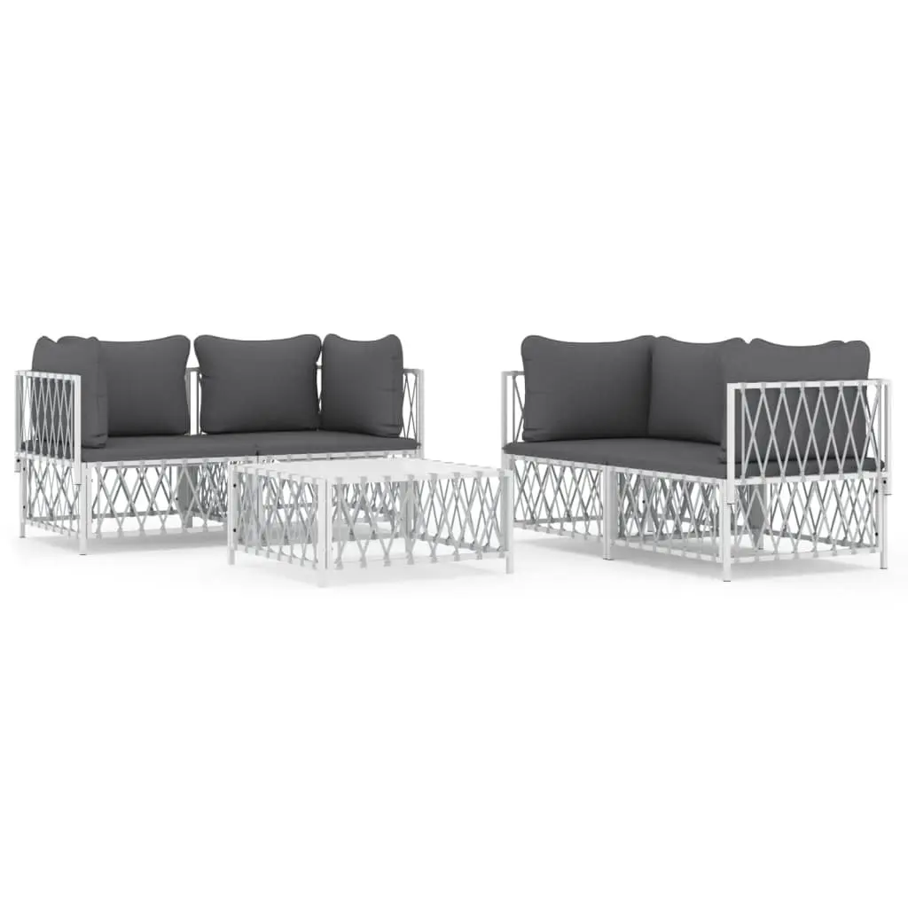 Garden Lounge Set Modular Powder-coated Steel 5 Piece Outdoor Furniture Sofa with Woven Fabric Cushions White