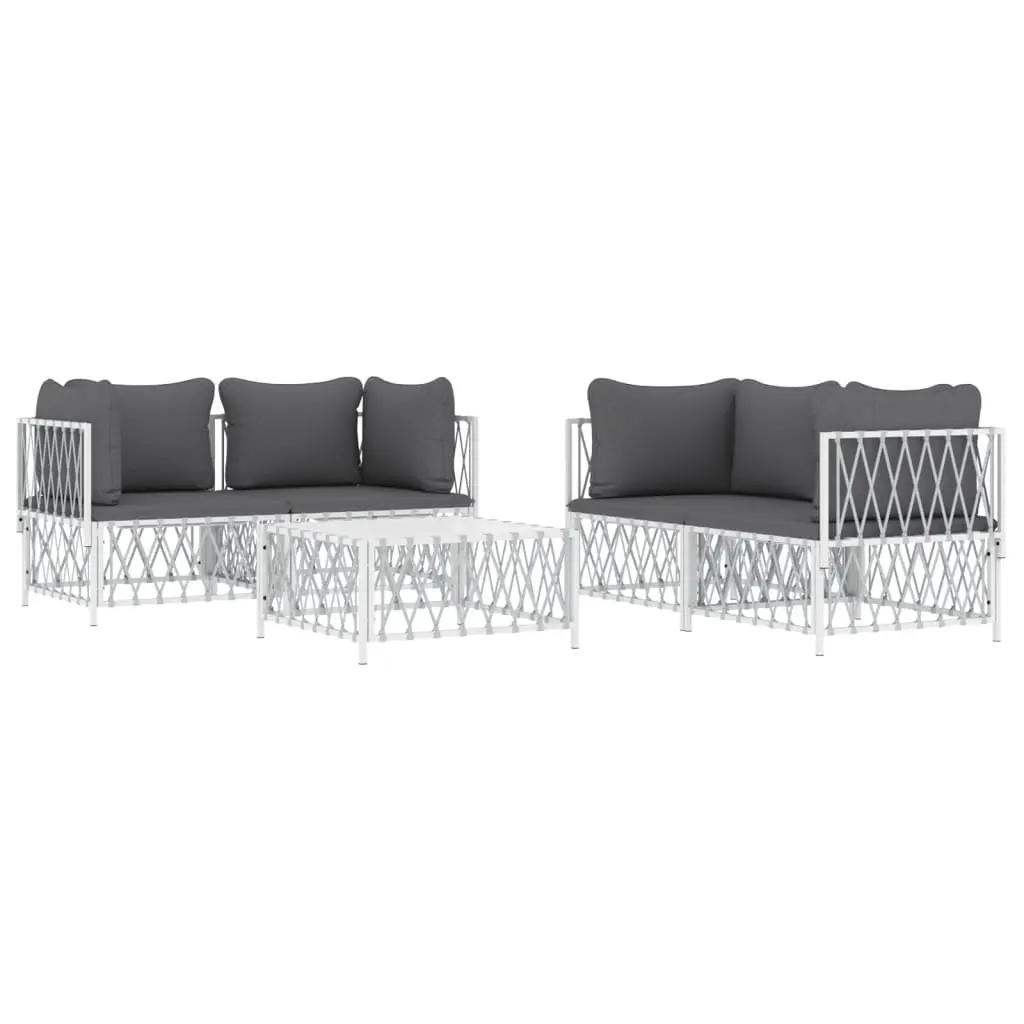 Garden Lounge Set Modular Powder-coated Steel 5 Piece Outdoor Furniture Sofa with Woven Fabric Cushions White
