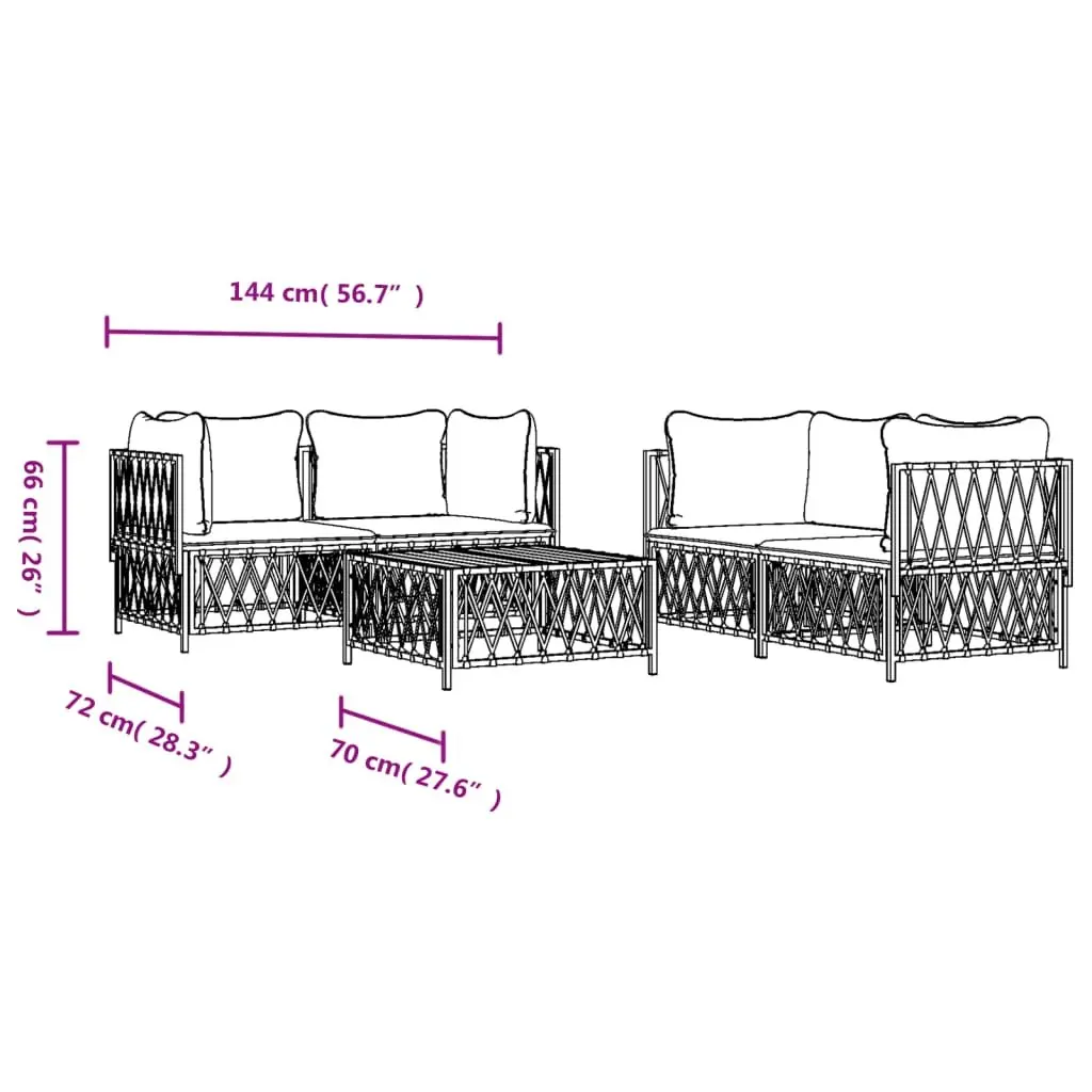 Garden Lounge Set Modular Powder-coated Steel 5 Piece Outdoor Furniture Sofa with Woven Fabric Cushions White