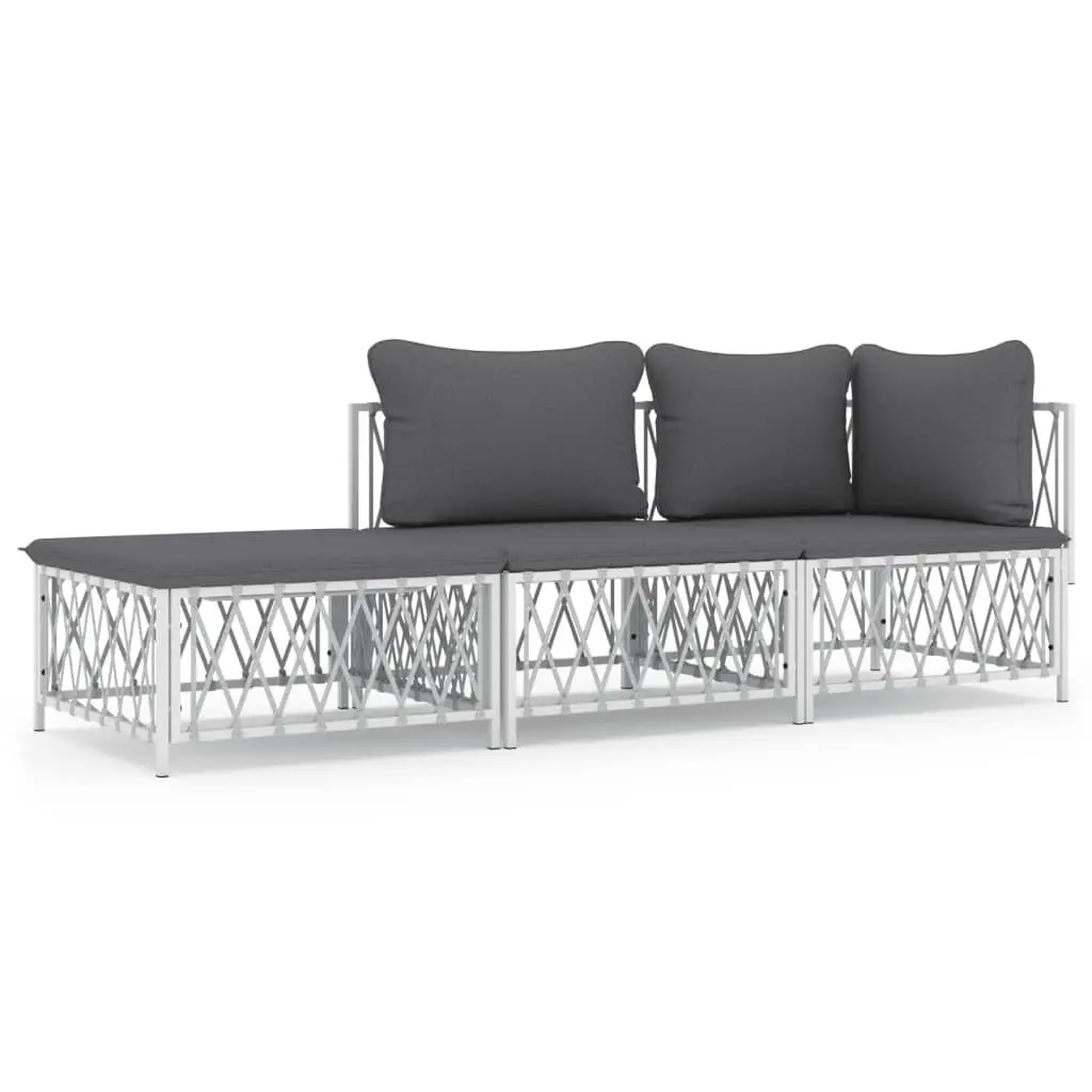 Garden Lounge Set Steel Frame 3 Piece White Cushions