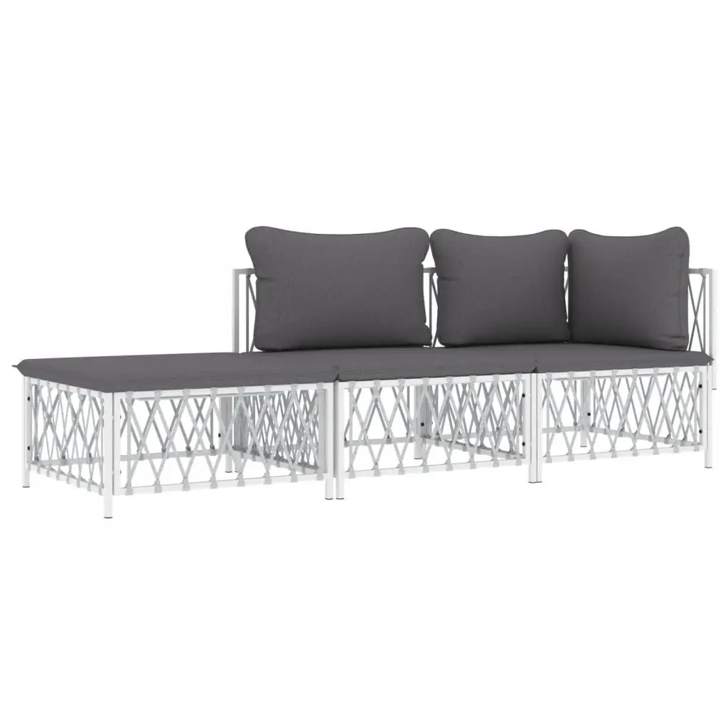 Garden Lounge Set Steel Frame 3 Piece White Cushions
