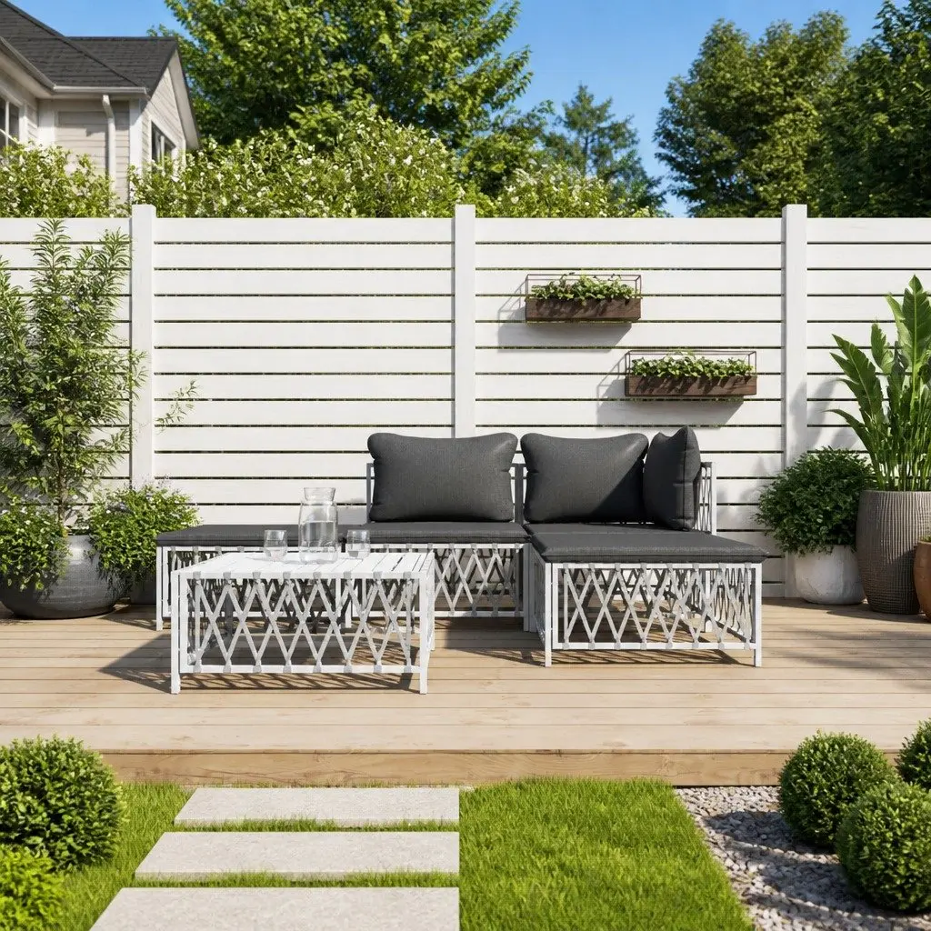5 Piece Garden Lounge Set Steel Frame White Outdoor Furniture with Cushions