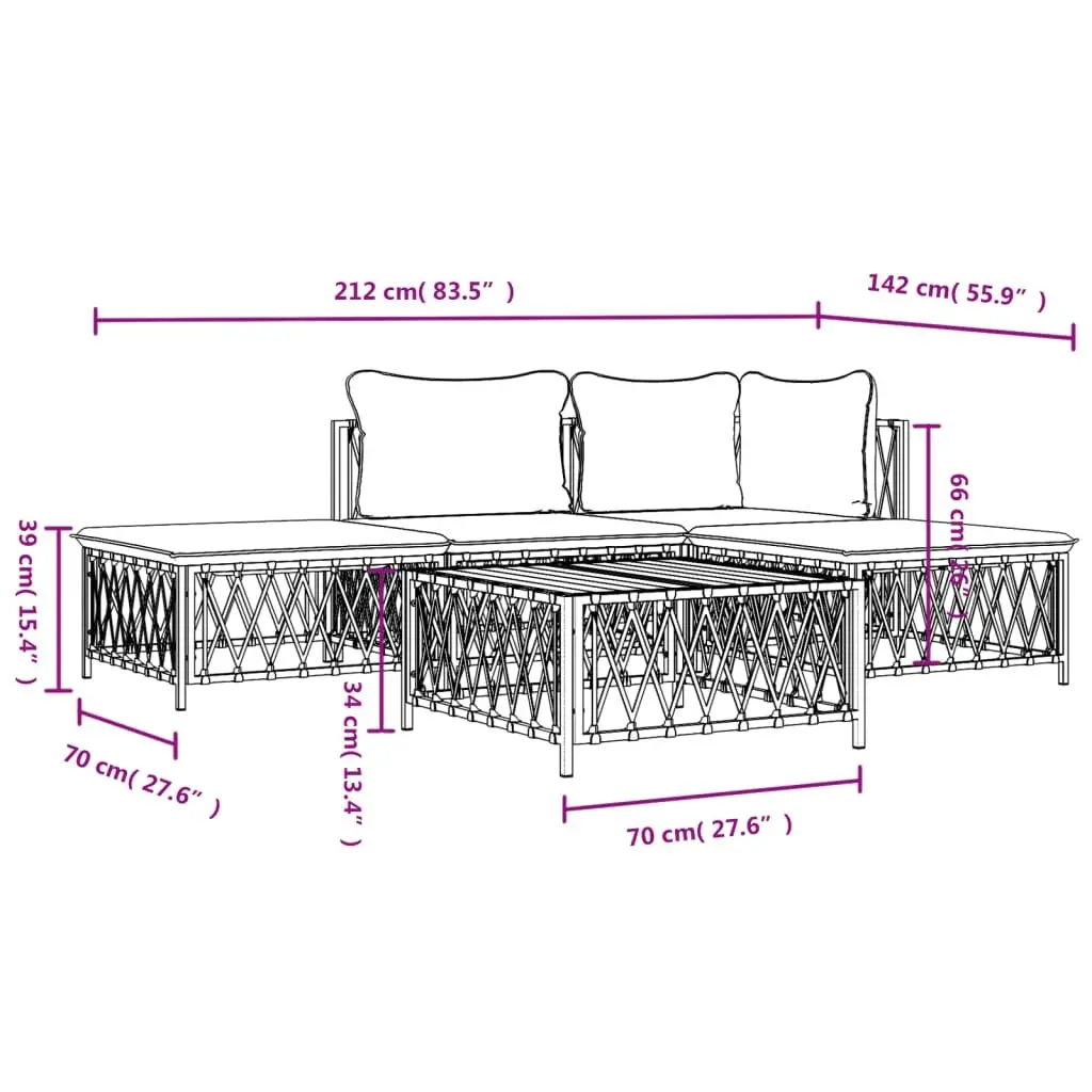 5 Piece Garden Lounge Set Steel Frame White Outdoor Furniture with Cushions