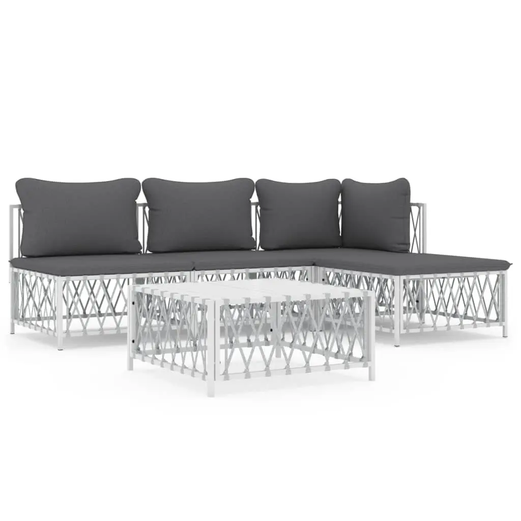 5 Piece Outdoor Garden Lounge Set White Steel Frame Modular Sofa Cushions