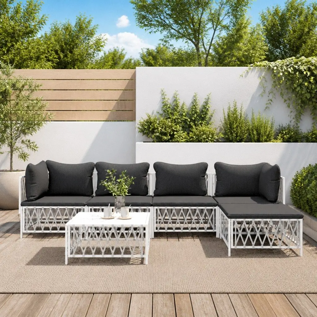 Garden Lounge Set Modular White Steel Frame 6 Piece with Cushions