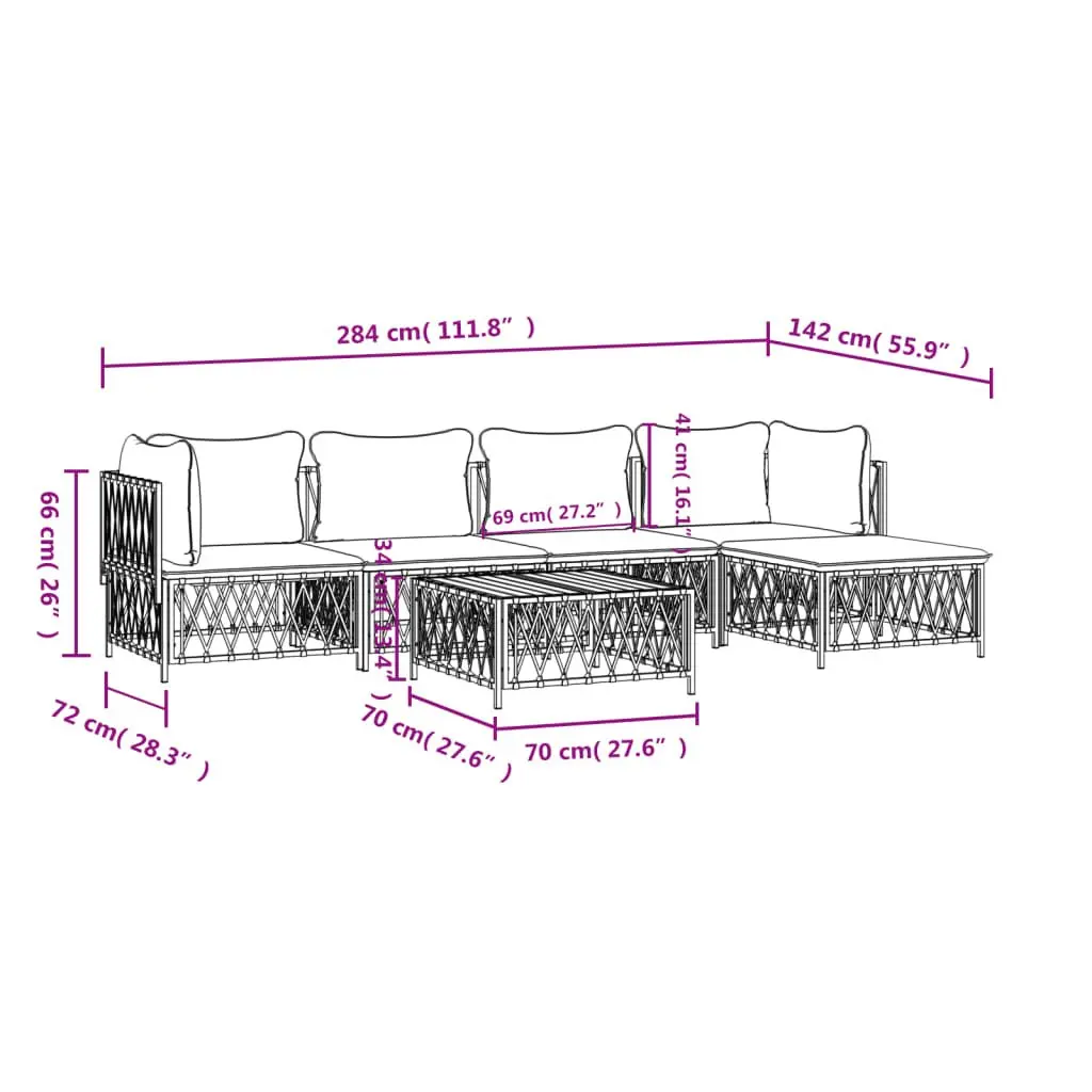 Garden Lounge Set Modular White Steel Frame 6 Piece with Cushions