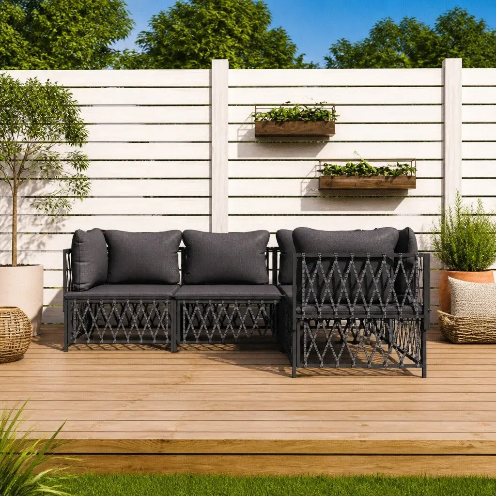 Garden Lounge Set 4 Piece Steel Frame Woven Fabric Cushions Anthracite