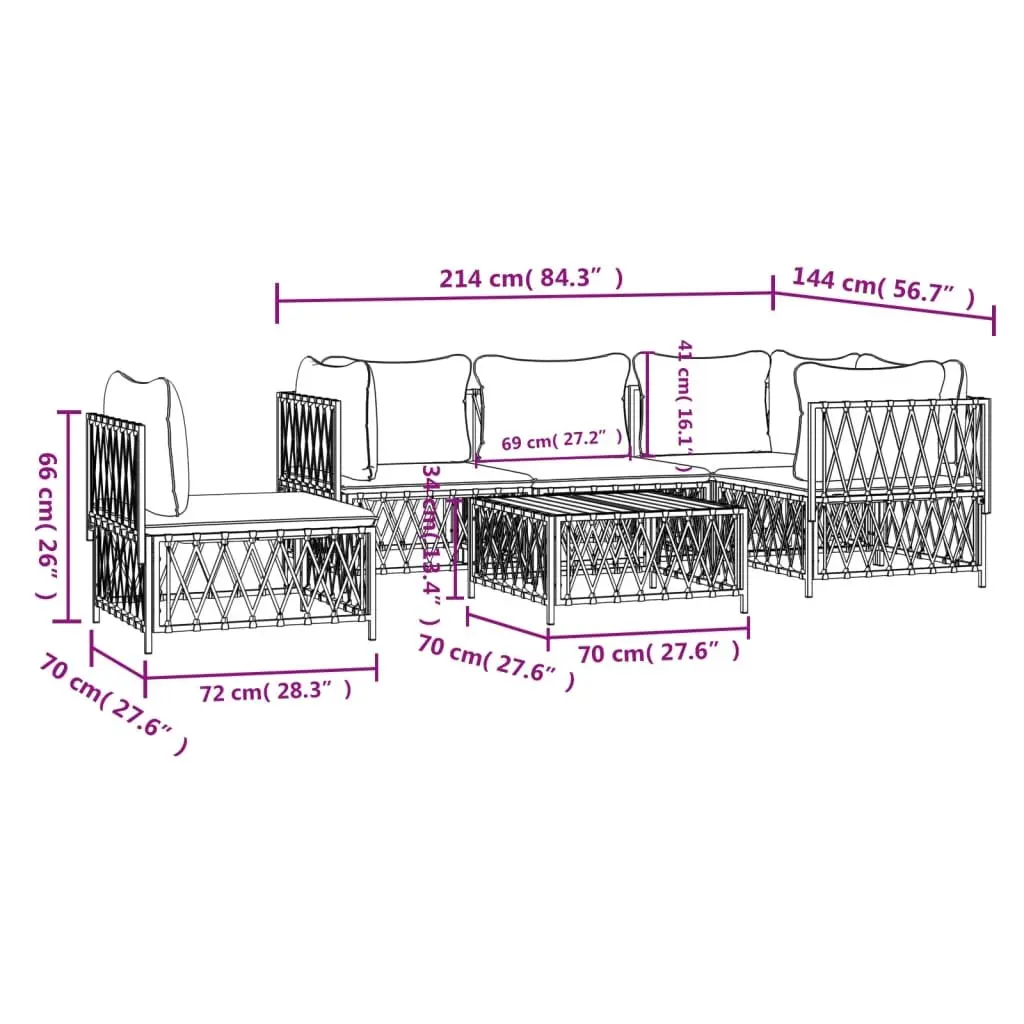 6 Piece Modular Garden Lounge Set White Powder-coated Steel Frame with Cushions