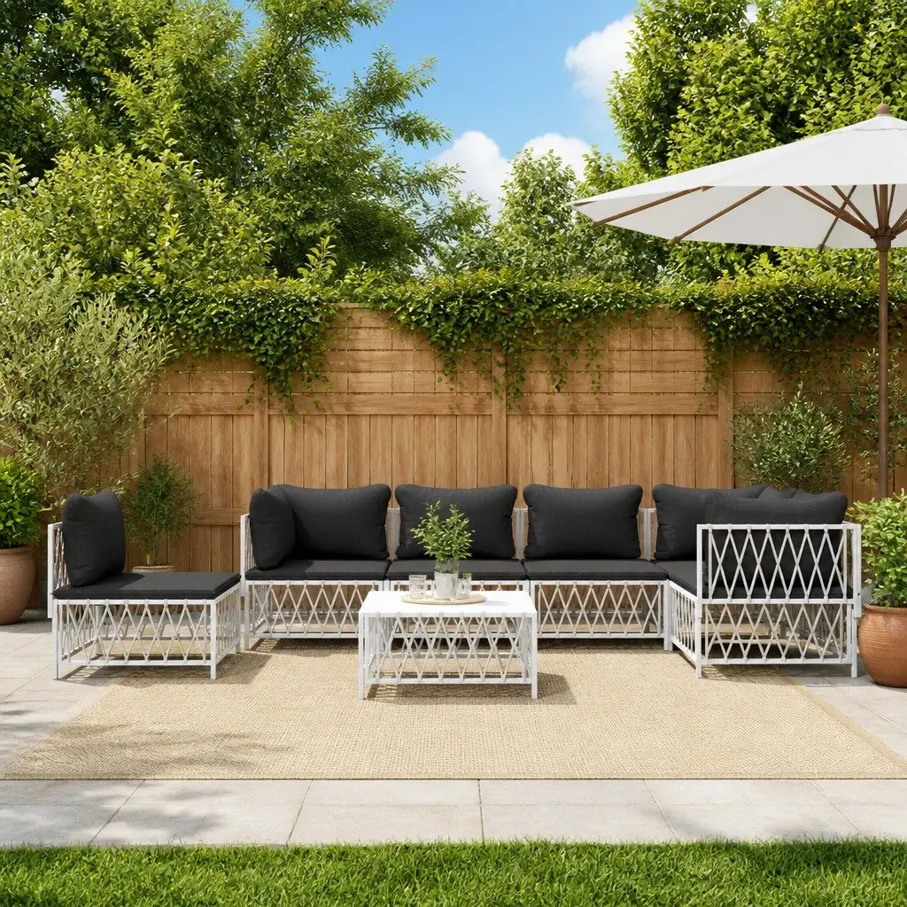 7 Piece Outdoor Lounge Set Steel Frame White with Cushions