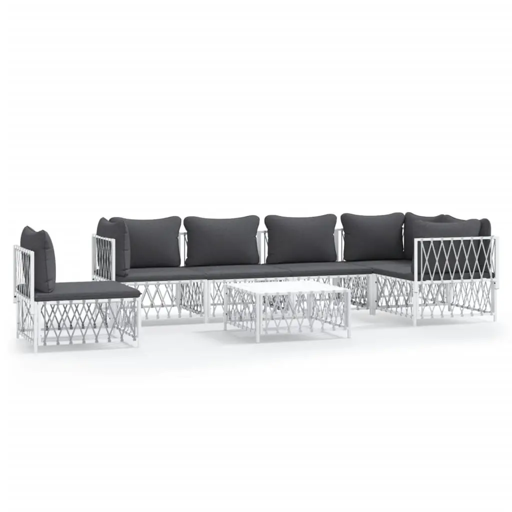 7 Piece Outdoor Lounge Set Steel Frame White with Cushions