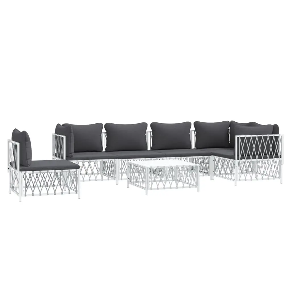 7 Piece Outdoor Lounge Set Steel Frame White with Cushions