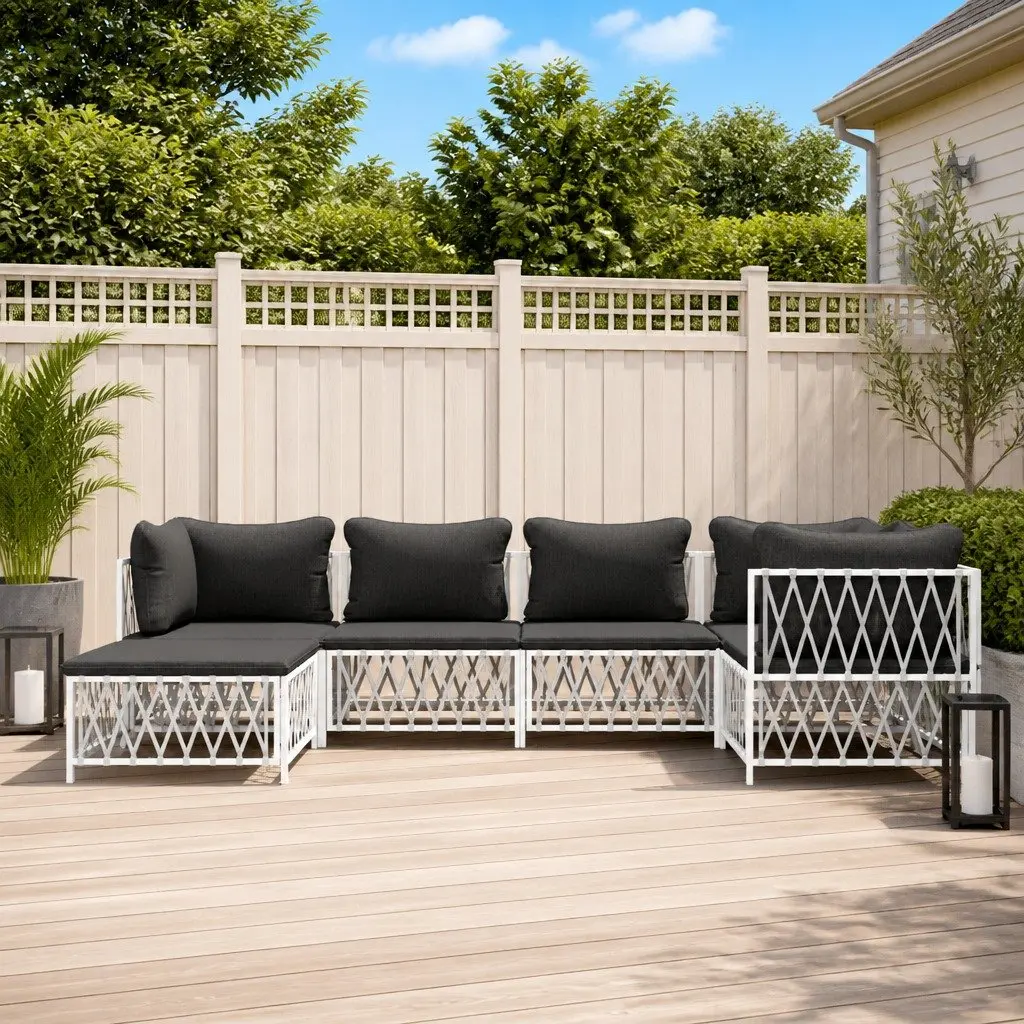 Garden Lounge Set Modular Outdoor Furniture 6 Piece White Powder-coated Steel Frame Woven Fabric Cushions