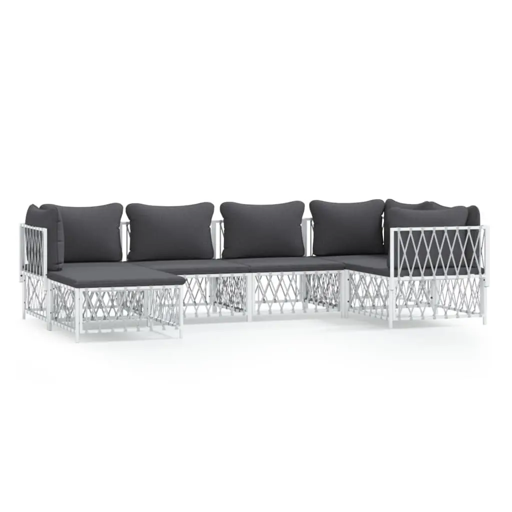 Garden Lounge Set Modular Outdoor Furniture 6 Piece White Powder-coated Steel Frame Woven Fabric Cushions