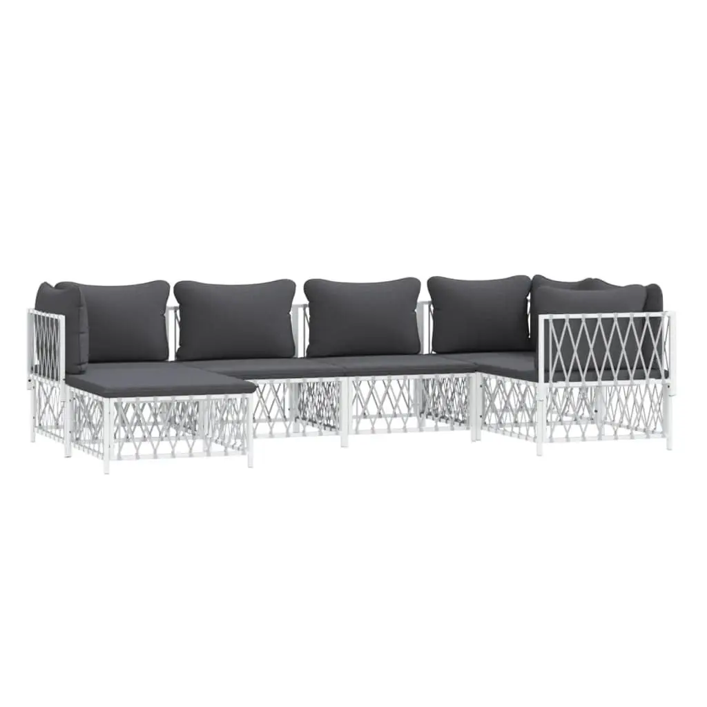 Garden Lounge Set Modular Outdoor Furniture 6 Piece White Powder-coated Steel Frame Woven Fabric Cushions
