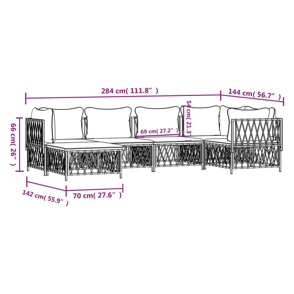 Garden Lounge Set Modular Outdoor Furniture 6 Piece White Powder-coated Steel Frame Woven Fabric Cushions