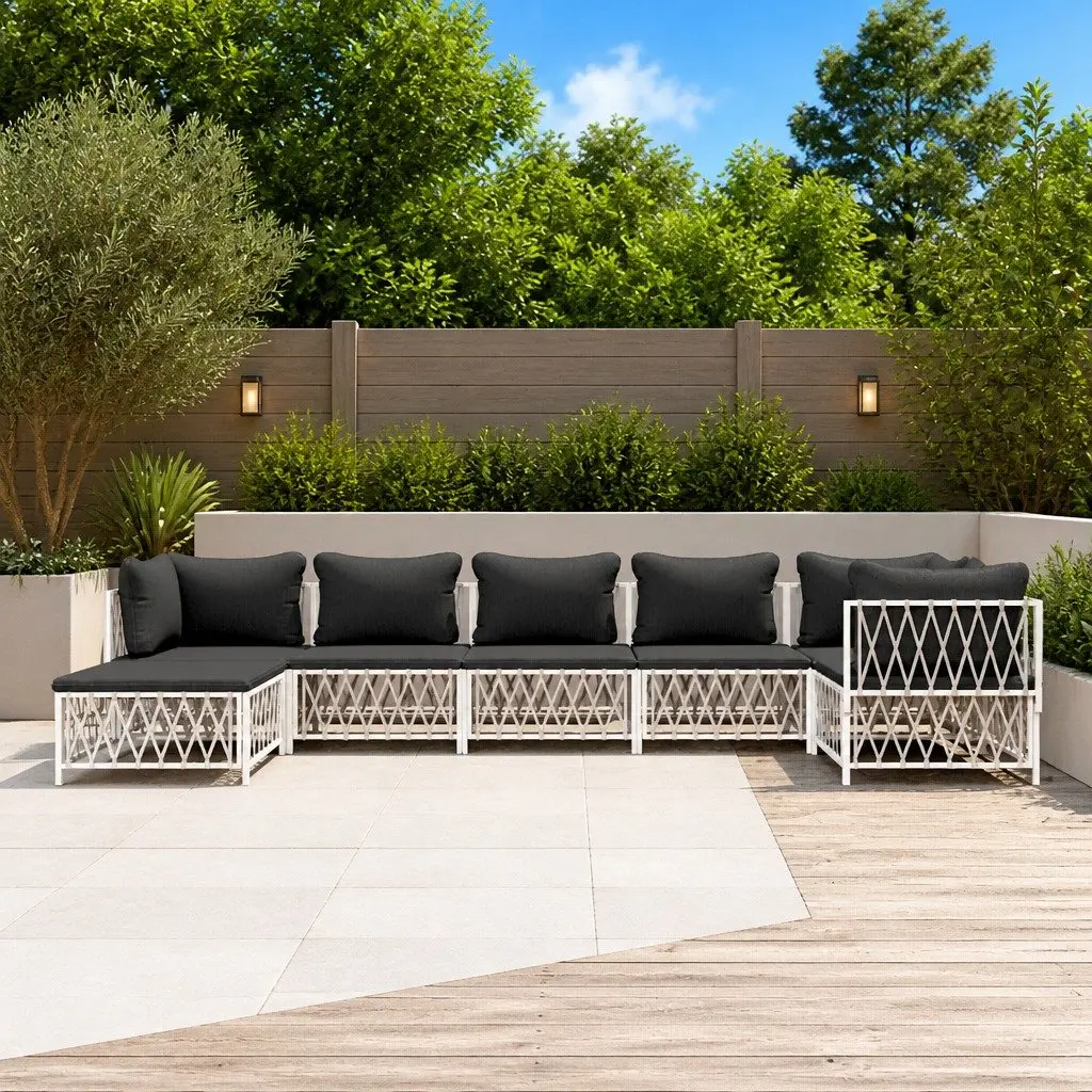 7 Piece Garden Lounge Set Outdoor Furniture White Steel Frame Woven Fabric Cushions