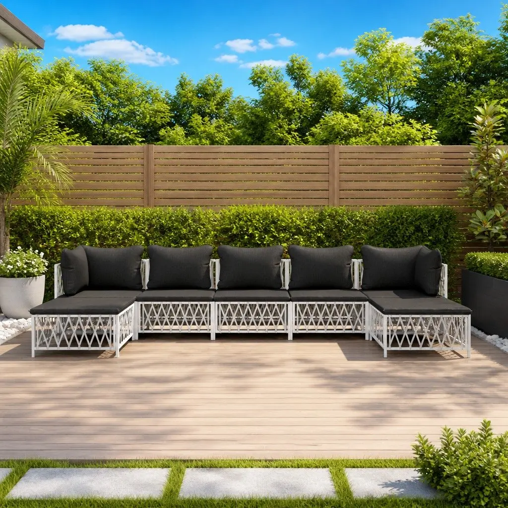 Garden Lounge Set 7 Piece Modular White Powder-coated Steel Frame with Woven Fabric Cushions