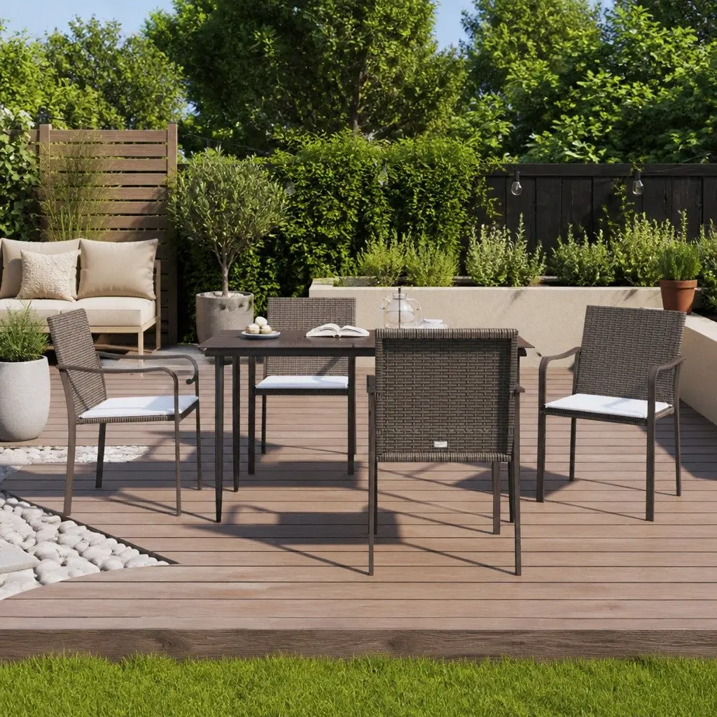 Garden Dining Set Poly Rattan Steel 5 Piece Outdoor Furniture Brown with Cushions