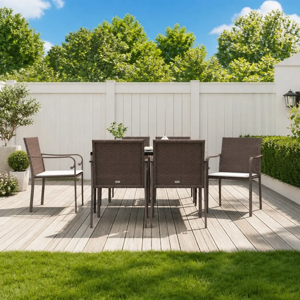 7 Piece Outdoor Dining Set Brown Poly Rattan with Cushions Steel Frame Tempered Glass Table