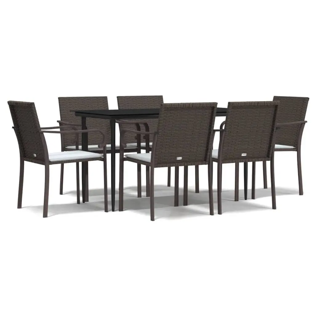 7 Piece Outdoor Dining Set Brown Poly Rattan with Cushions Steel Frame Tempered Glass Table