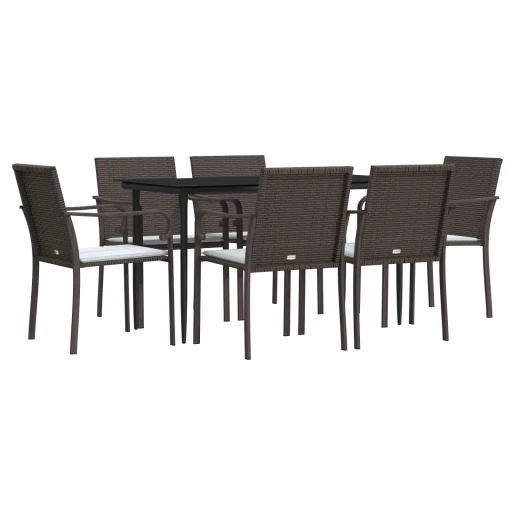 7 Piece Outdoor Dining Set Brown Poly Rattan with Cushions Steel Frame Tempered Glass Table